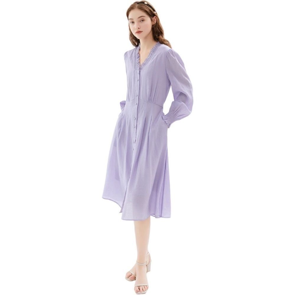 Skye Maisie Lavender Ruffle V-Neck Puff Sleeve Midi Dress Sz S